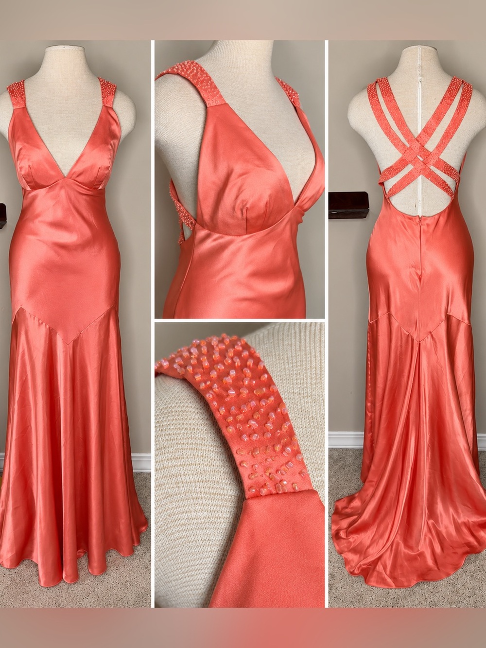 Y2K Coral Satin Bias Cut Wedding Guest Formal Gala Dress